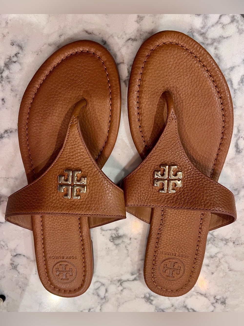 Tory Burch Brown Leather Logo Thong Sandals